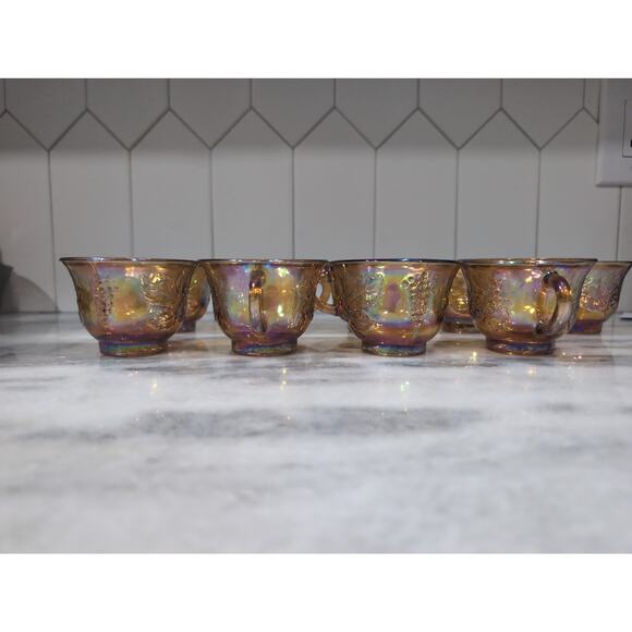 Harvest Grape Carnival Glass Punch Cups, Set of 9 Vintage Indiana Marigold Cups - Picture 9 of 11